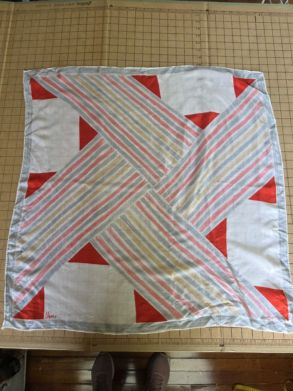 Vintage Vana Silk Scarf  Red Gray Beige Geometric Square Hand Rolled Hem Mod